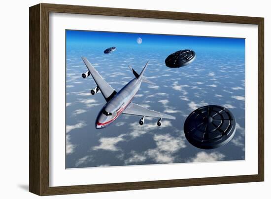 A Commerical Flight Boeing 747 Being Stalked by Ufo'S-null-Framed Art Print