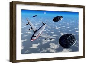 A Commerical Flight Boeing 747 Being Stalked by Ufo'S-null-Framed Art Print