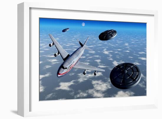 A Commerical Flight Boeing 747 Being Stalked by Ufo'S-null-Framed Art Print