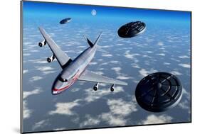 A Commerical Flight Boeing 747 Being Stalked by Ufo'S-null-Mounted Art Print