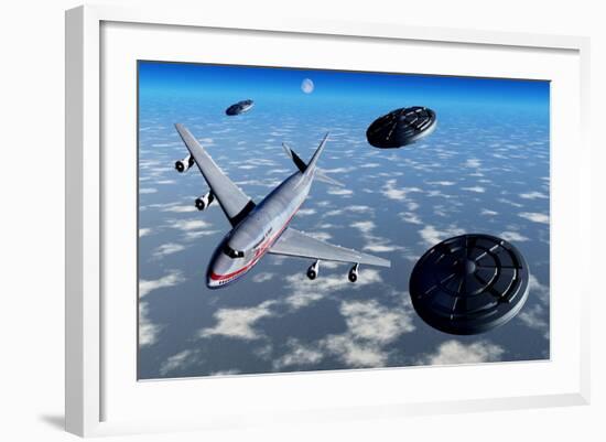 A Commerical Flight Boeing 747 Being Stalked by Ufo'S-null-Framed Art Print