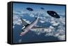 A Commerical Flight Boeing 747 Being Stalked by Ufo'S-null-Framed Stretched Canvas