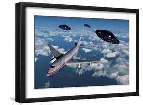 A Commerical Flight Boeing 747 Being Stalked by Ufo'S-null-Framed Art Print