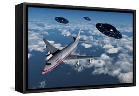 A Commerical Flight Boeing 747 Being Stalked by Ufo'S-null-Framed Stretched Canvas