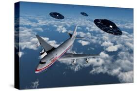 A Commerical Flight Boeing 747 Being Stalked by Ufo'S-null-Stretched Canvas