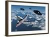 A Commerical Flight Boeing 747 Being Stalked by Ufo'S-null-Framed Art Print