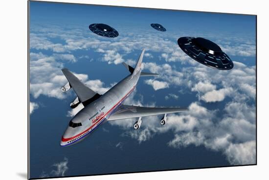 A Commerical Flight Boeing 747 Being Stalked by Ufo'S-null-Mounted Art Print