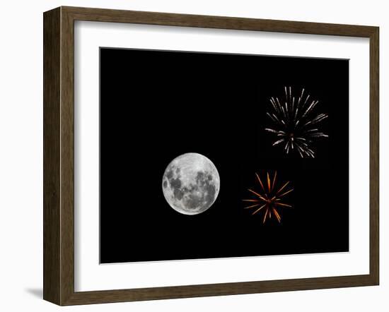 A Composite Image with Fireworks and a New Moon-Stocktrek Images-Framed Photographic Print