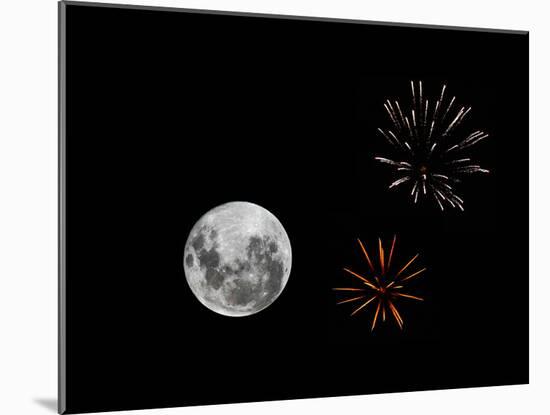 A Composite Image with Fireworks and a New Moon-Stocktrek Images-Mounted Photographic Print