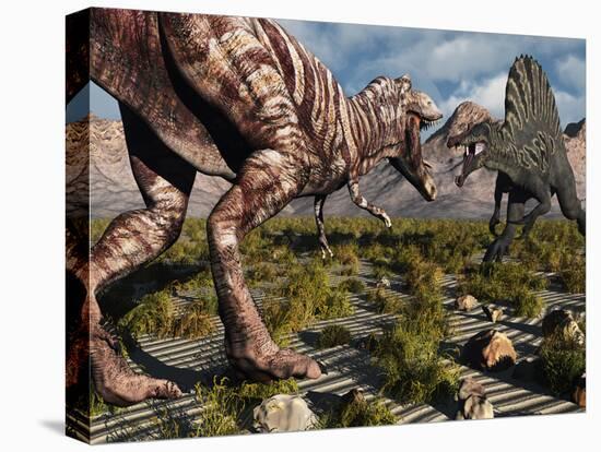 A Confrontation Between a T. Rex and a Spinosaurus Dinosaur-Stocktrek Images-Stretched Canvas