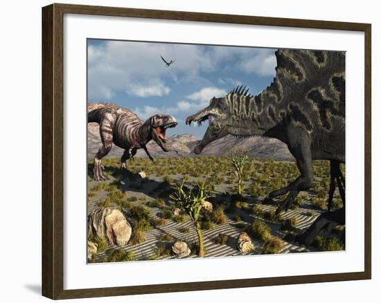 A Confrontation Between a T. Rex and a Spinosaurus Dinosaur-Stocktrek Images-Framed Photographic Print