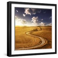 A Country Road in Field at Sunset Against Moody Sky, Tuscany, Italy-null-Framed Photographic Print
