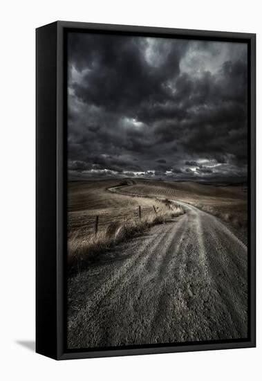 A Country Road in Field with Stormy Sky Above, Tuscany, Italy-null-Framed Stretched Canvas