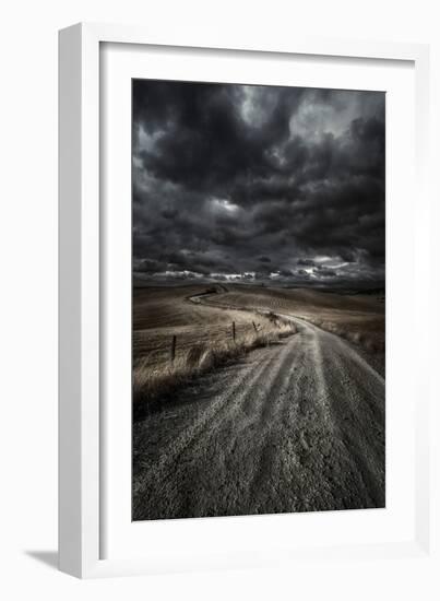 A Country Road in Field with Stormy Sky Above, Tuscany, Italy-null-Framed Photographic Print