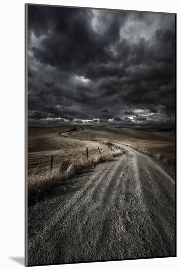 A Country Road in Field with Stormy Sky Above, Tuscany, Italy-null-Mounted Photographic Print