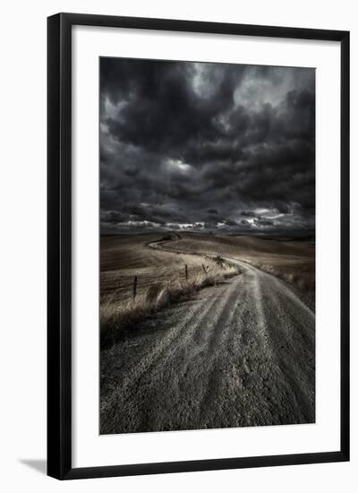 A Country Road in Field with Stormy Sky Above, Tuscany, Italy-null-Framed Photographic Print