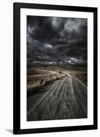 A Country Road in Field with Stormy Sky Above, Tuscany, Italy-null-Framed Photographic Print