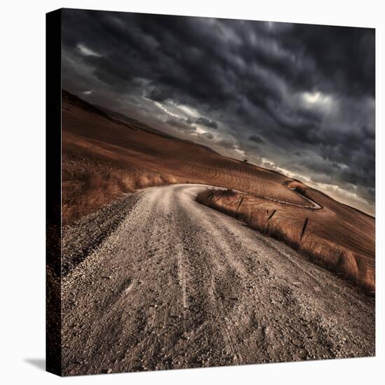 A Country Road in Field with Stormy Sky Above, Tuscany, Italy-null-Stretched Canvas