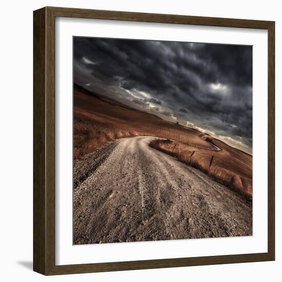 A Country Road in Field with Stormy Sky Above, Tuscany, Italy-null-Framed Photographic Print