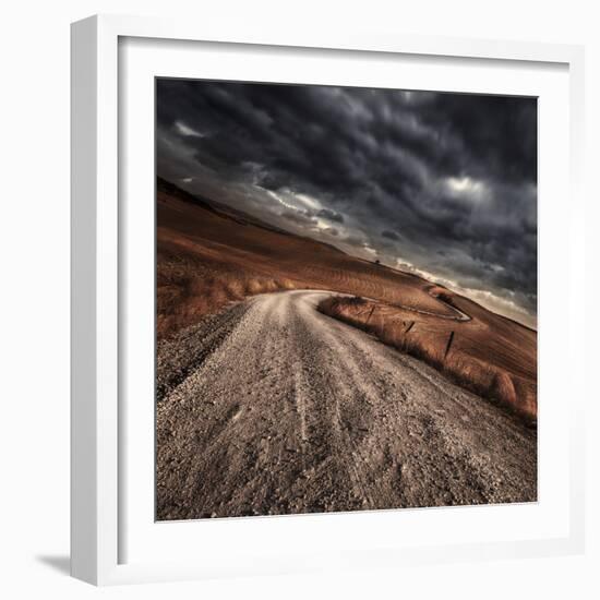 A Country Road in Field with Stormy Sky Above, Tuscany, Italy-null-Framed Photographic Print