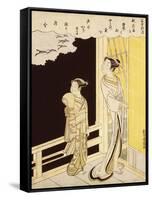 A Courtesan and Her Kamuro on a Veranda Watching Flying Geese in the Rain-Suzuki Harunobu-Framed Stretched Canvas