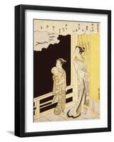 A Courtesan and Her Kamuro on a Veranda Watching Flying Geese in the Rain-Suzuki Harunobu-Framed Giclee Print