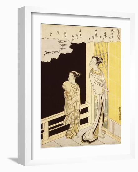 A Courtesan and Her Kamuro on a Veranda Watching Flying Geese in the Rain-Suzuki Harunobu-Framed Giclee Print