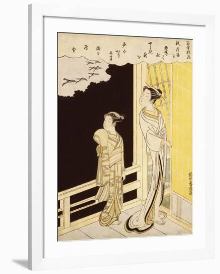 A Courtesan and Her Kamuro on a Veranda Watching Flying Geese in the Rain-Suzuki Harunobu-Framed Giclee Print