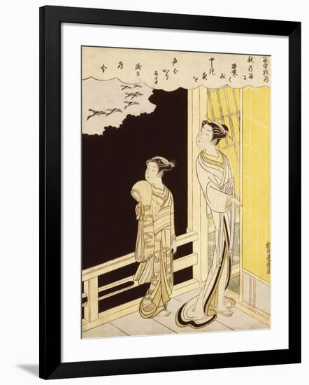 A Courtesan and Her Kamuro on a Veranda Watching Flying Geese in the Rain-Suzuki Harunobu-Framed Giclee Print