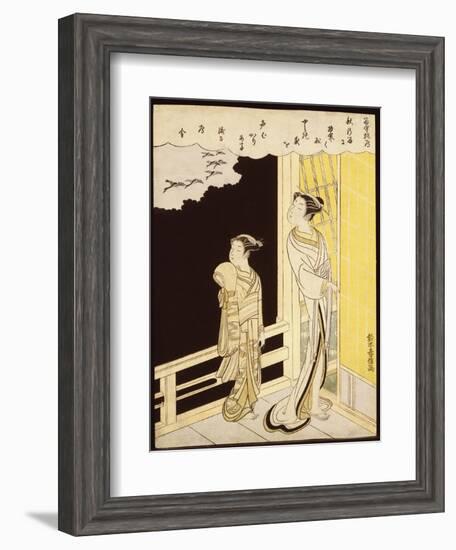 A Courtesan and Her Kamuro on a Verandah Watching Flying Geese in the Rain-Suzuki Harunobu-Framed Giclee Print