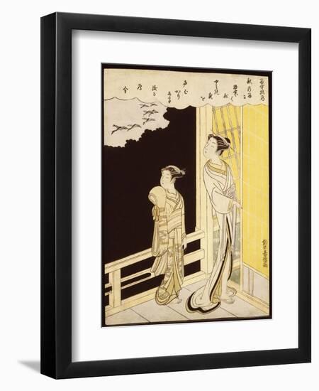 A Courtesan and Her Kamuro on a Verandah Watching Flying Geese in the Rain-Suzuki Harunobu-Framed Giclee Print