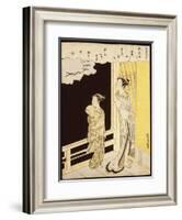 A Courtesan and Her Kamuro on a Verandah Watching Flying Geese in the Rain-Suzuki Harunobu-Framed Giclee Print