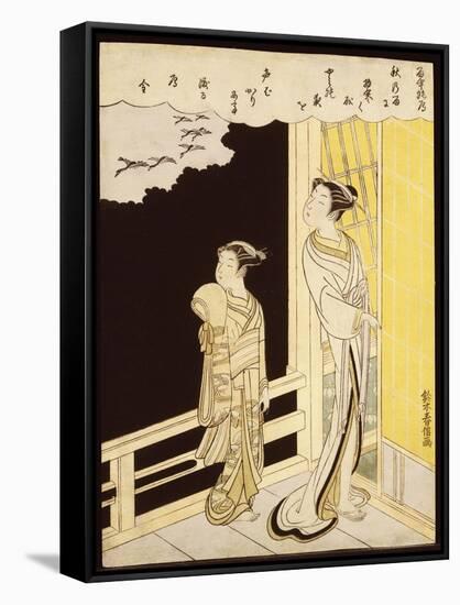 A Courtesan and Her Kamuro on a Verandah Watching Flying Geese in the Rain-Suzuki Harunobu-Framed Stretched Canvas