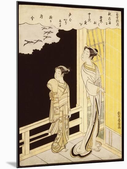 A Courtesan and Her Kamuro on a Verandah Watching Flying Geese in the Rain-Suzuki Harunobu-Mounted Giclee Print