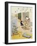 A Courtesan Seated on a Veranda Brushing Her Teeth and Pensively Looking at Flowering Morning Glory-Harunobu-Framed Giclee Print