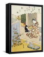 A Courtesan Seated on a Veranda Brushing Her Teeth and Pensively Looking at Flowering Morning Glory-Harunobu-Framed Stretched Canvas