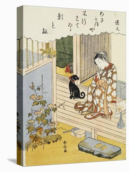 A Courtesan Seated on a Veranda Brushing Her Teeth and Pensively Looking at Flowering Morning Glory-Harunobu-Stretched Canvas