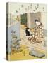 A Courtesan Seated on a Veranda Brushing Her Teeth and Pensively Looking at Flowering Morning Glory-Harunobu-Stretched Canvas