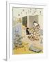 A Courtesan Seated on a Veranda Brushing Her Teeth and Pensively Looking at Flowering Morning Glory-Harunobu-Framed Giclee Print