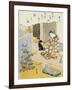 A Courtesan Seated on a Veranda Brushing Her Teeth and Pensively Looking at Flowering Morning Glory-Harunobu-Framed Giclee Print