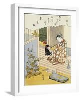 A Courtesan Seated on a Veranda Brushing Her Teeth and Pensively Looking at Flowering Morning Glory-Harunobu-Framed Giclee Print