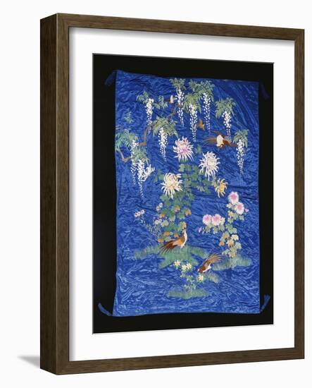A Cover of Blue Satin, Embroidered in Floss Silks with Pheasants and Chrysanthemums, Beneath a…-null-Framed Giclee Print