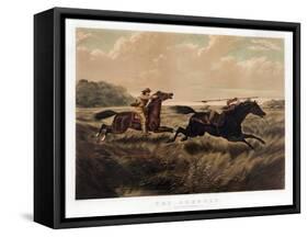 A cowboy with a pistol on horseback chasing a Native American with a spear on horseback-Vernon Lewis Gallery-Framed Stretched Canvas