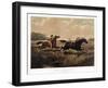 A cowboy with a pistol on horseback chasing a Native American with a spear on horseback-Vernon Lewis Gallery-Framed Art Print