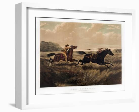 A cowboy with a pistol on horseback chasing a Native American with a spear on horseback-Vernon Lewis Gallery-Framed Art Print