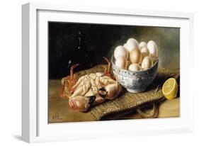 A Crab and a Bowl of Eggs on a Basket, with a Bottle and Half a Lemon-Mary E. Powis-Framed Giclee Print