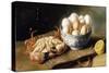 A Crab and a Bowl of Eggs on a Basket, with a Bottle and Half a Lemon-Mary E. Powis-Stretched Canvas