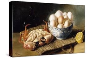 A Crab and a Bowl of Eggs on a Basket, with a Bottle and Half a Lemon-Mary E. Powis-Stretched Canvas