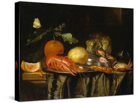 A Crayfish, Prawns and a Lemon on a Pewter Plate on a Draped Table-Jan Davidsz de Heem-Stretched Canvas