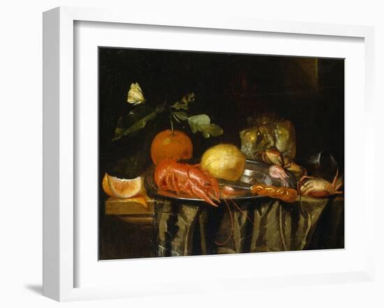 A Crayfish, Prawns and a Lemon on a Pewter Plate on a Draped Table-Jan Davidsz de Heem-Framed Giclee Print